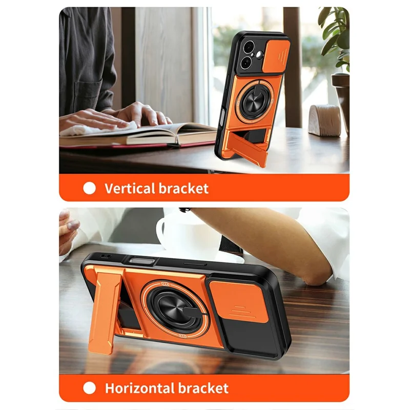 Bulk Purchasing For iPhone 17 Compatible with MagSafe Case Ring Holder Foldable Kickstand TPU PC Phone Cover with Camera Lens Slider - Orange