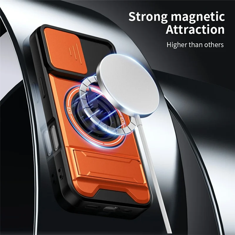Bulk Purchasing For iPhone 17 Compatible with MagSafe Case Ring Holder Foldable Kickstand TPU PC Phone Cover with Camera Lens Slider - Orange