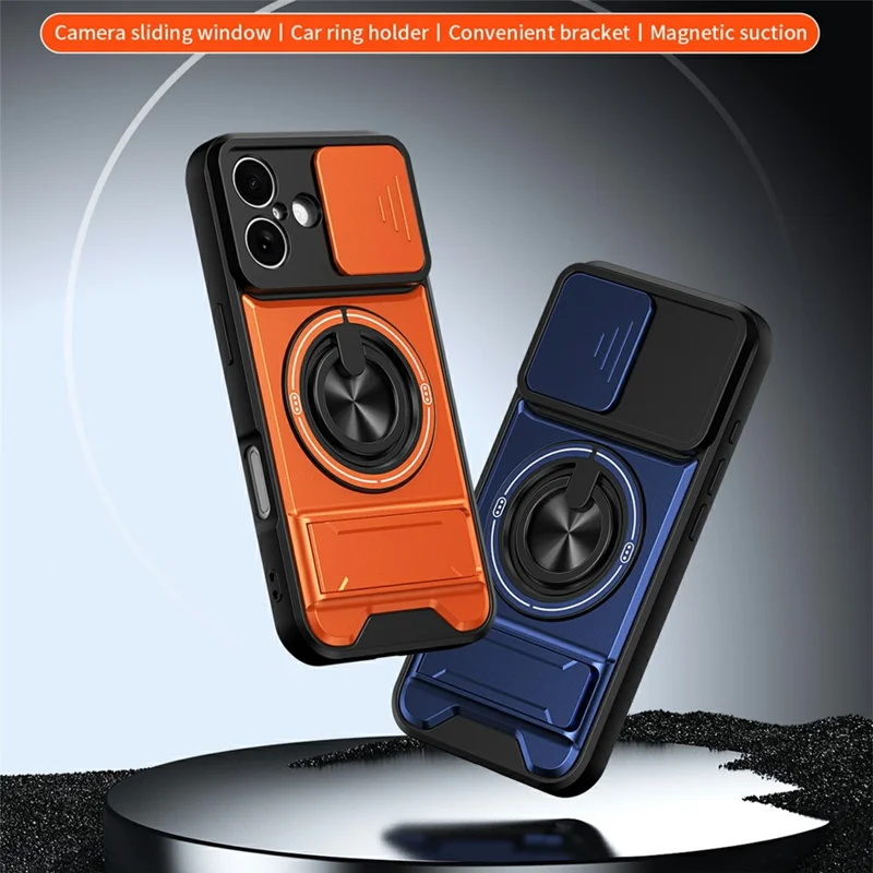Bulk Purchasing For iPhone 17 Compatible with MagSafe Case Ring Holder Foldable Kickstand TPU PC Phone Cover with Camera Lens Slider - Orange