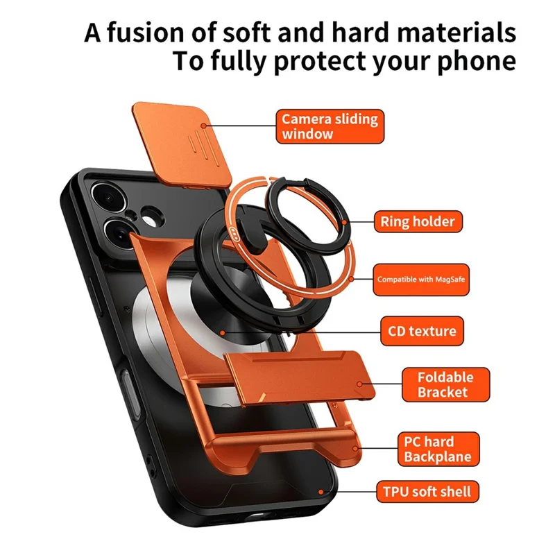 Bulk Purchasing For iPhone 17 Compatible with MagSafe Case Ring Holder Foldable Kickstand TPU PC Phone Cover with Camera Lens Slider - Orange