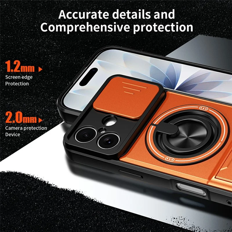 Bulk Purchasing For iPhone 17 Compatible with MagSafe Case Ring Holder Foldable Kickstand TPU PC Phone Cover with Camera Lens Slider - Orange