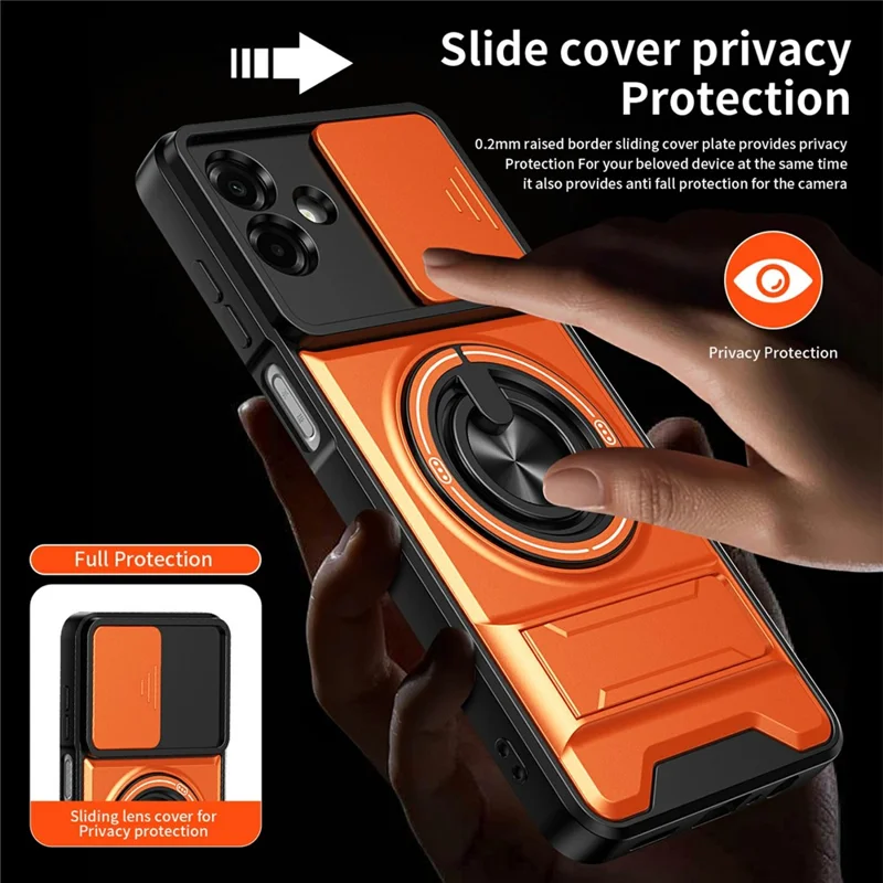 Bulk Purchasing For Samsung Galaxy A07 5G / A07 4G Magnetic Case Ring Holder Foldable Kickstand TPU PC Phone Cover with Camera Lens Slider - Orange