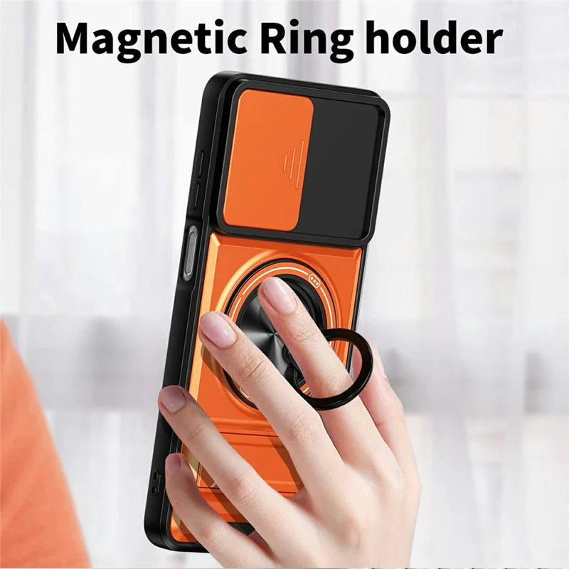Bulk Purchasing For Samsung Galaxy A07 5G / A07 4G Magnetic Case Ring Holder Foldable Kickstand TPU PC Phone Cover with Camera Lens Slider - Orange