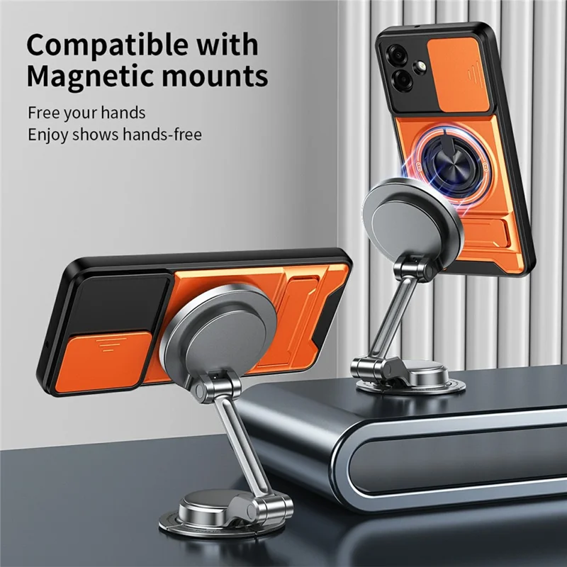 Bulk Purchasing For Samsung Galaxy A07 5G / A07 4G Magnetic Case Ring Holder Foldable Kickstand TPU PC Phone Cover with Camera Lens Slider - Orange