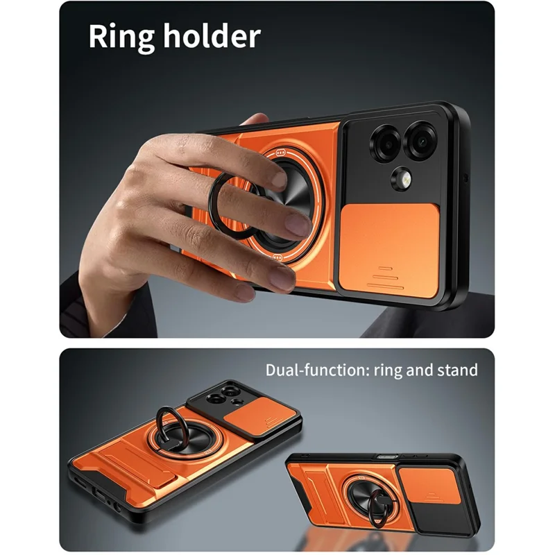 Bulk Purchasing For Samsung Galaxy A07 5G / A07 4G Magnetic Case Ring Holder Foldable Kickstand TPU PC Phone Cover with Camera Lens Slider - Orange