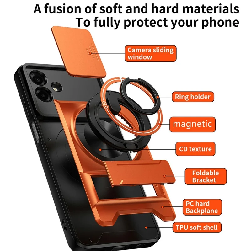 Bulk Purchasing For Samsung Galaxy A07 5G / A07 4G Magnetic Case Ring Holder Foldable Kickstand TPU PC Phone Cover with Camera Lens Slider - Orange