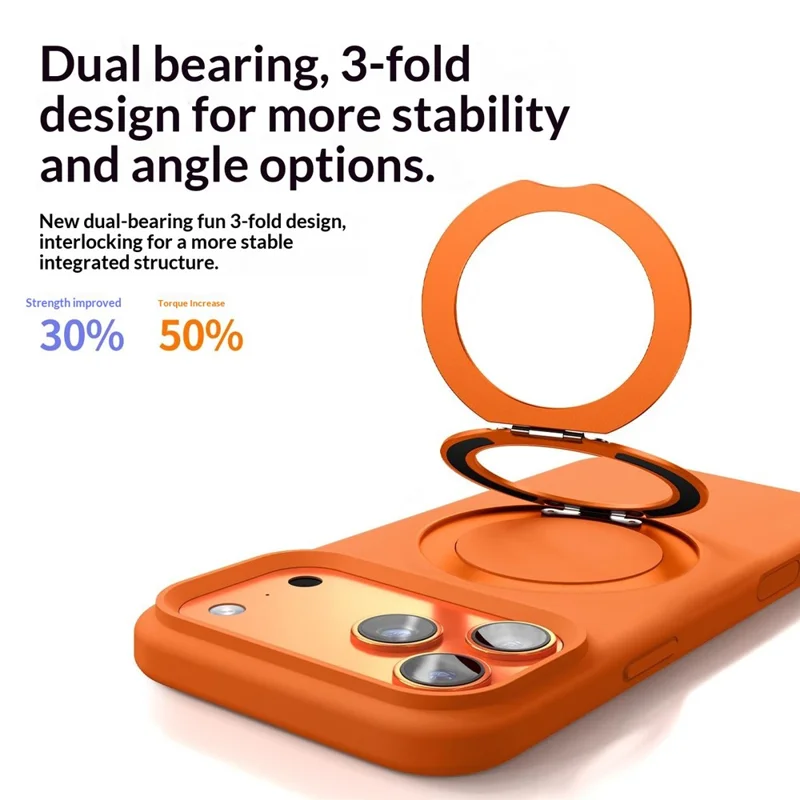 For iPhone 17 Pro Max Magnetic Case Liquid Silicone TPU Phone Back Cover with Kickastand and Tempered Glass Compatible with MagSafe - Orange