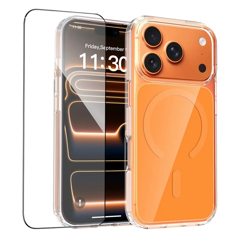 For iPhone 17 Pro Max Magnetic Case TPU PC Clear Phone Cover with Explosion-Proof Tempered Glass Compatible with MagSafe - Orange