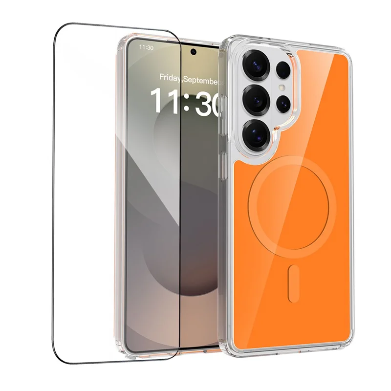 For Samsung Galaxy S26 Ultra Magnetic Case TPU PC Clear Phone Cover with Explosion-Proof Tempered Glass - Orange