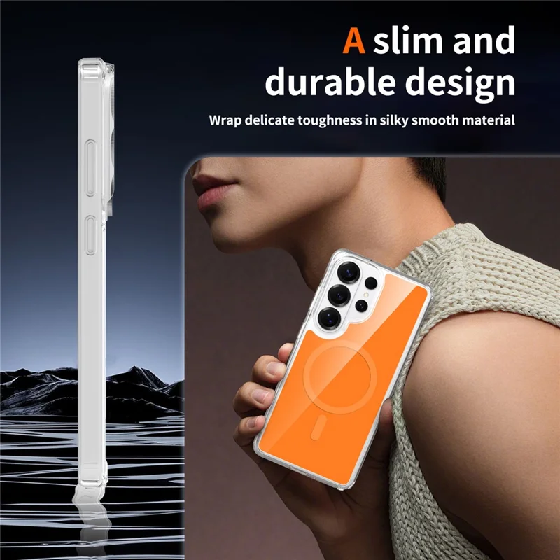For Samsung Galaxy S26 Ultra Magnetic Case TPU PC Clear Phone Cover with Explosion-Proof Tempered Glass - Orange