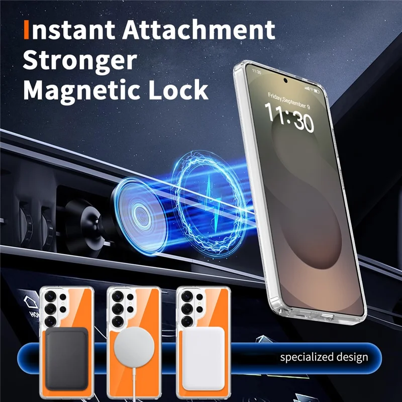 For Samsung Galaxy S26 Ultra Magnetic Case TPU PC Clear Phone Cover with Explosion-Proof Tempered Glass - Orange