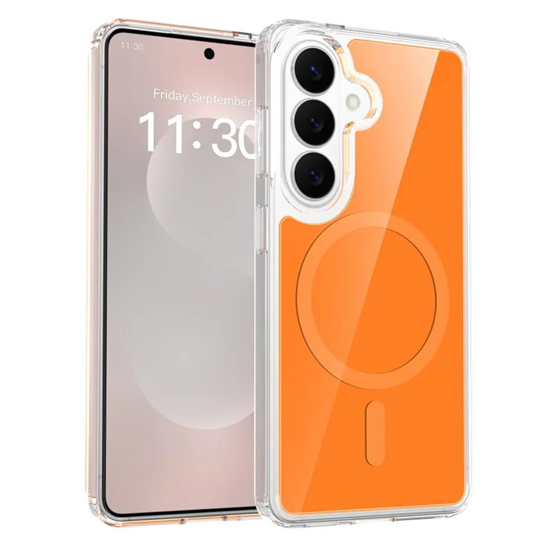 For Samsung Galaxy S26 Magnetic Case TPU PC Clear Phone Cover with Explosion-Proof Tempered Glass - Orange
