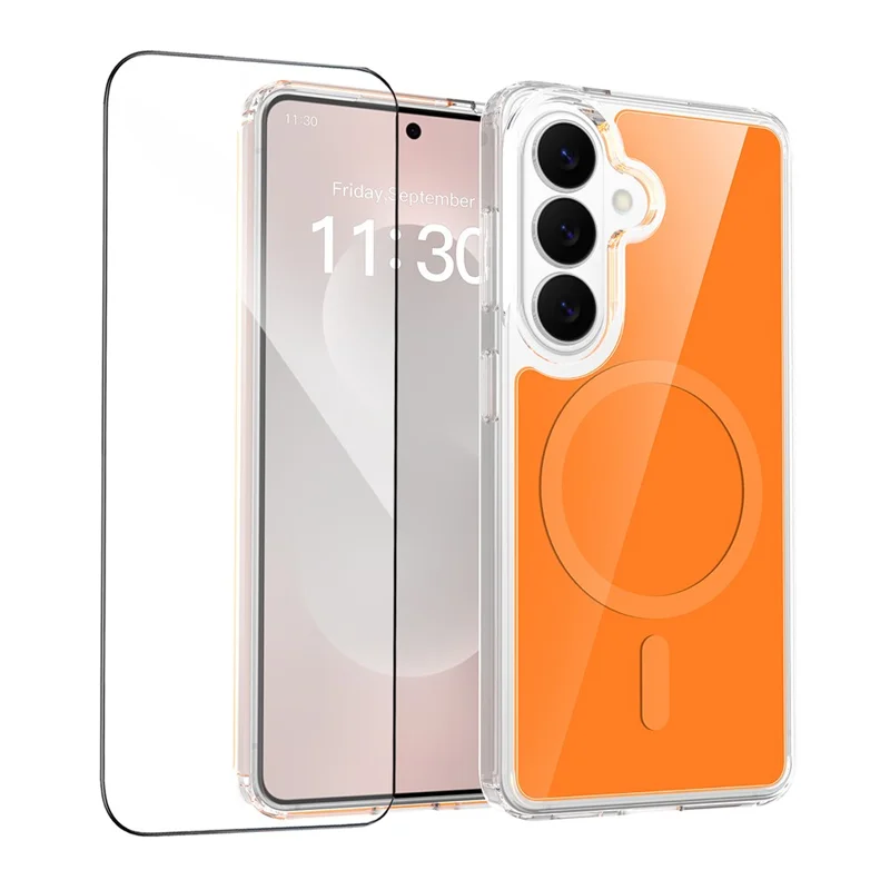 For Samsung Galaxy S26 Magnetic Case TPU PC Clear Phone Cover with Explosion-Proof Tempered Glass - Orange