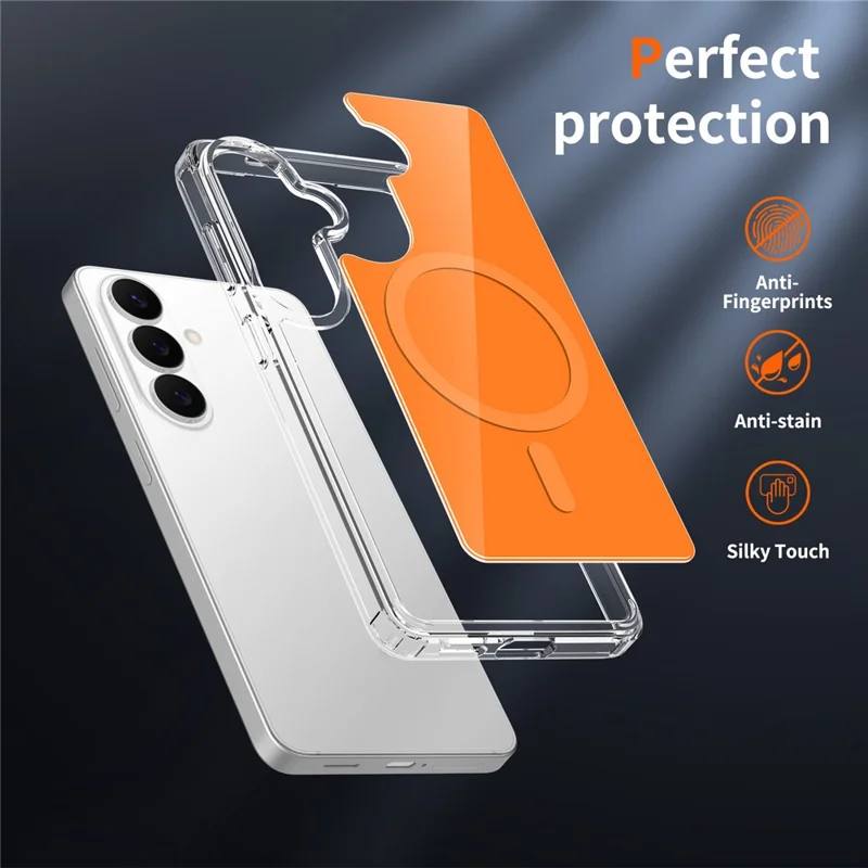 For Samsung Galaxy S26 Magnetic Case TPU PC Clear Phone Cover with Explosion-Proof Tempered Glass - Orange