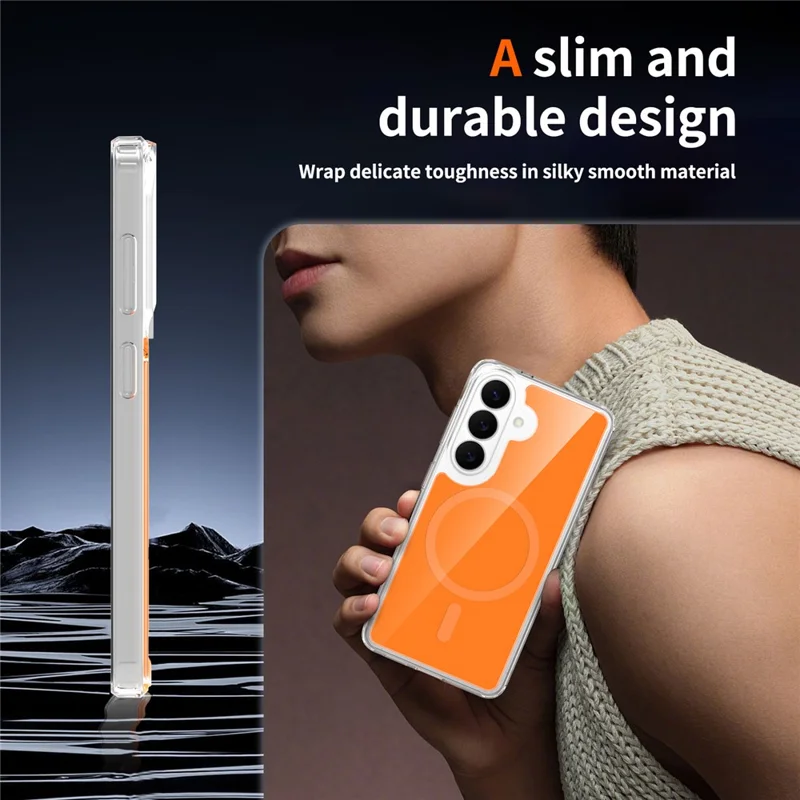 For Samsung Galaxy S26 Magnetic Case TPU PC Clear Phone Cover with Explosion-Proof Tempered Glass - Orange