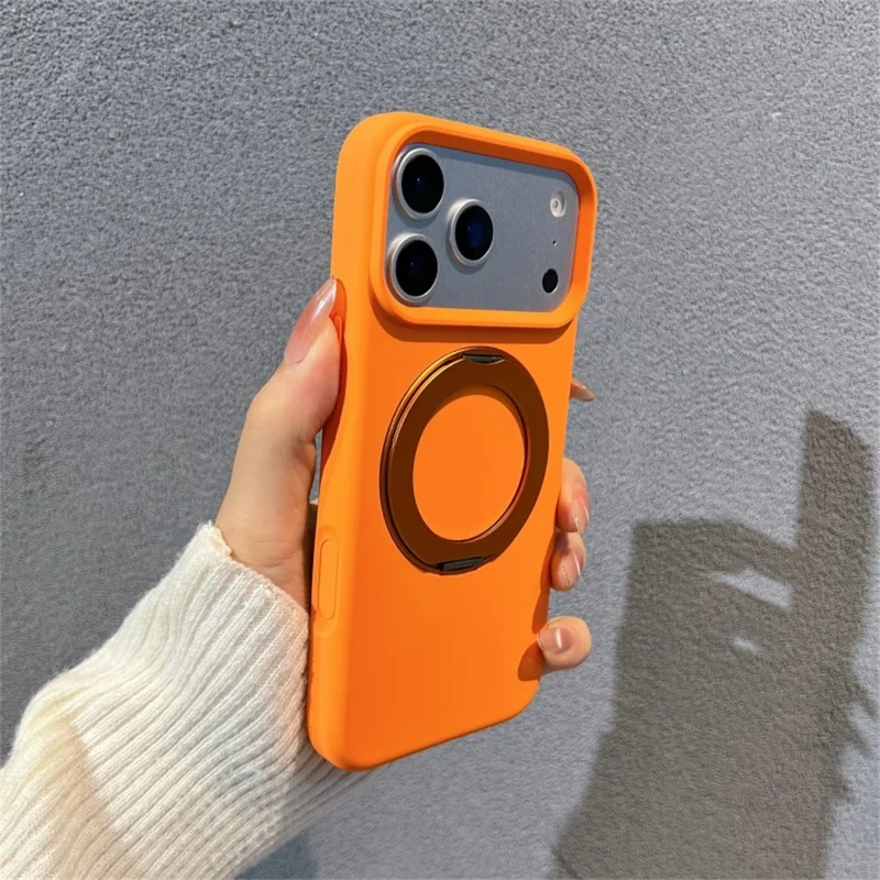 For iPhone 17 Pro Liquid Silicone Case PC Aluminium Alloy Magnetic Phone Back Cover with Kickastand Compatible with MagSafe - Orange