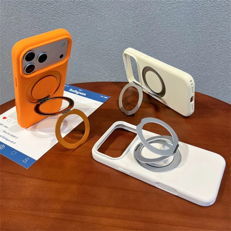 For iPhone 17 Pro Liquid Silicone Case PC Aluminium Alloy Magnetic Phone Back Cover with Kickastand Compatible with MagSafe - Orange