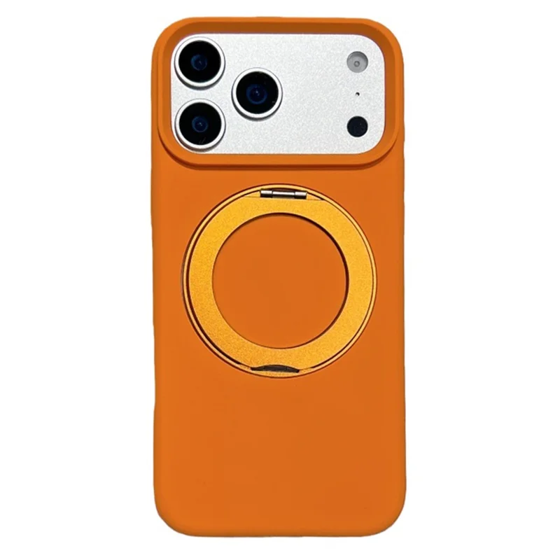 For iPhone 17 Pro Max Liquid Silicone Case PC Aluminium Alloy Magnetic Phone Back Cover with Kickastand Compatible with MagSafe - Orange