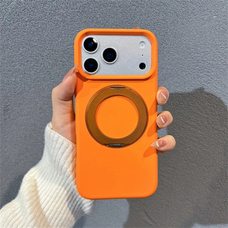 For iPhone 17 Pro Max Liquid Silicone Case PC Aluminium Alloy Magnetic Phone Back Cover with Kickastand Compatible with MagSafe - Orange