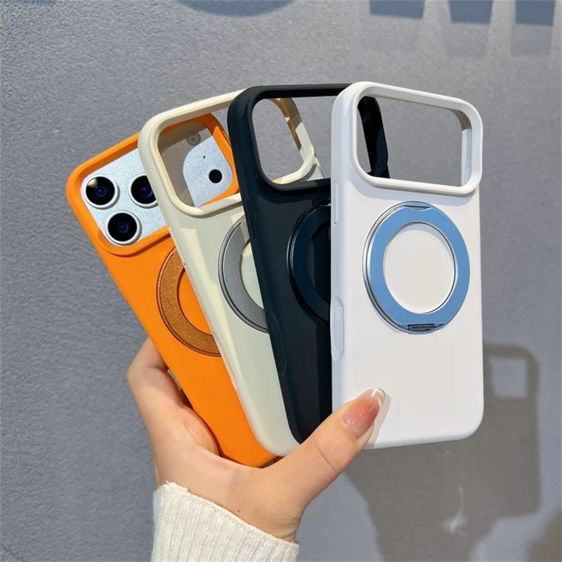 For iPhone 17 Pro Max Liquid Silicone Case PC Aluminium Alloy Magnetic Phone Back Cover with Kickastand Compatible with MagSafe - Orange