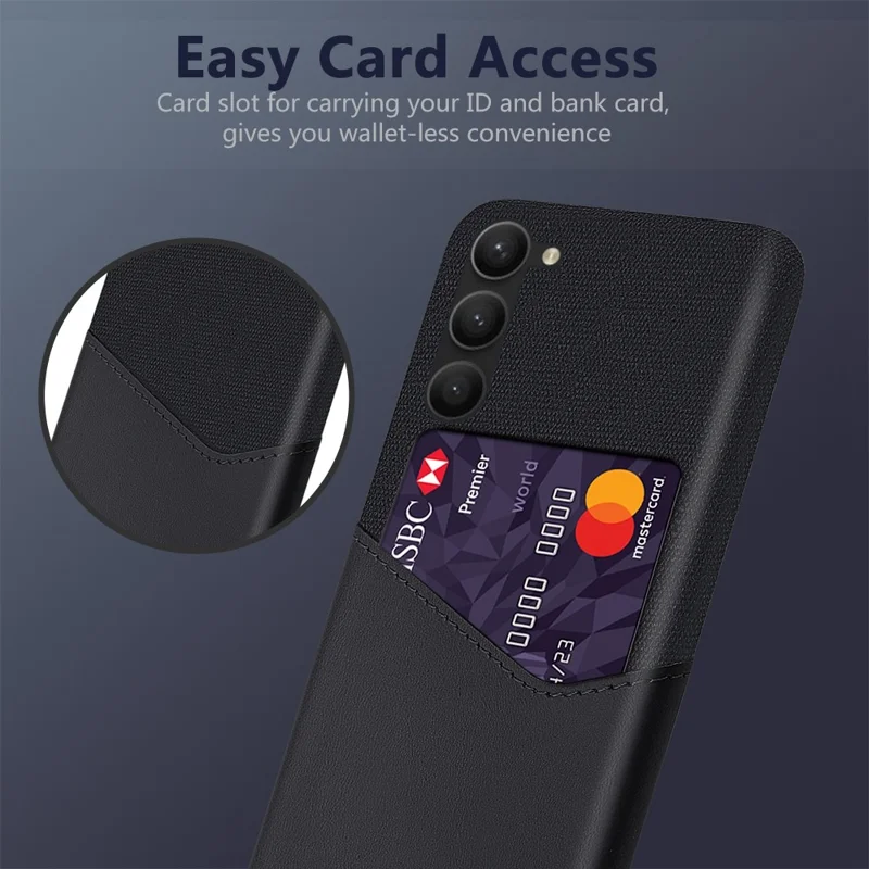 For Samsung Galaxy S23+ PU-læder + hård PC-telefondæksel med stoftekstur, kortlomme, beskyttelsesdæksel - Sort