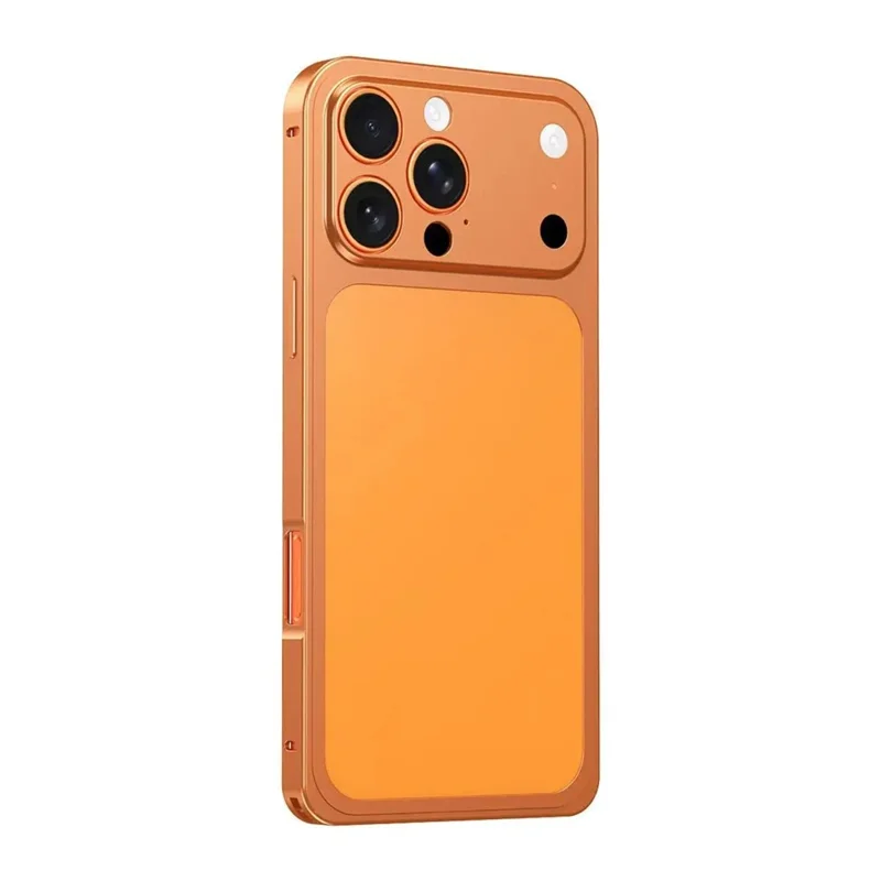 Cover per iPhone 16 Pro per Trasformazione in Stile 17 Pro con Fibbia di Bloccaggio, Cornice in Metallo e Piastra Posteriore in Lega - Arancione