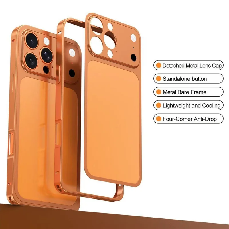 Cover per iPhone 16 Pro per Trasformazione in Stile 17 Pro con Fibbia di Bloccaggio, Cornice in Metallo e Piastra Posteriore in Lega - Arancione