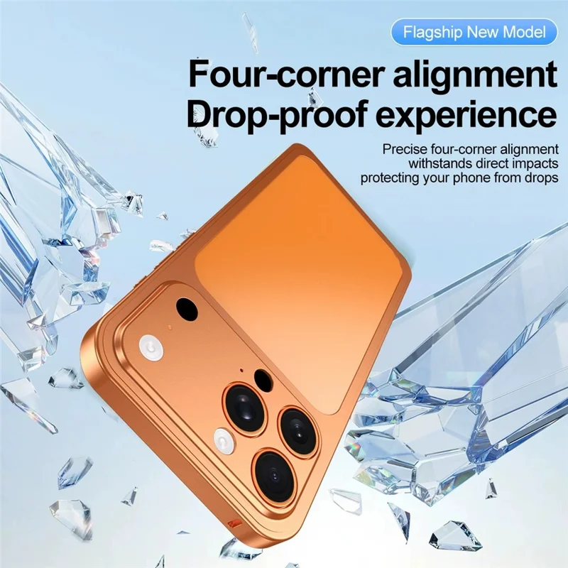 Cover per iPhone 16 Pro per Trasformazione in Stile 17 Pro con Fibbia di Bloccaggio, Cornice in Metallo e Piastra Posteriore in Lega - Arancione