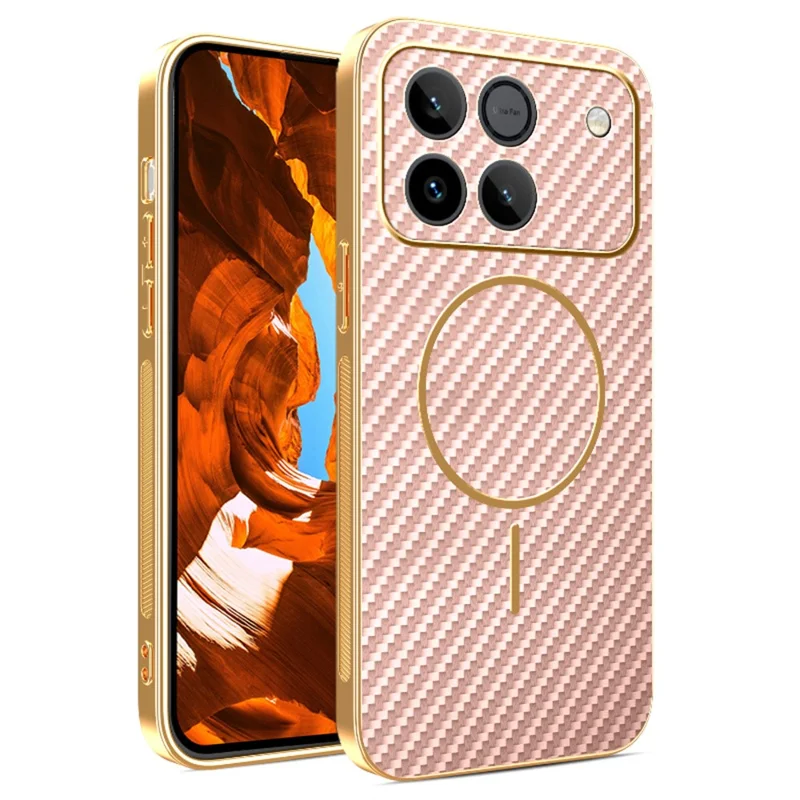 Phone Case For Honor Win 5G / Win RT 5G Carbon Fiber Textured Electroplated TPU Phone Back Cover - Pink