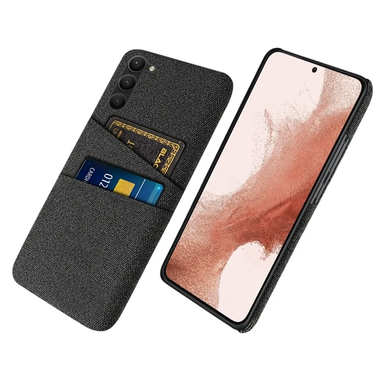For Samsung Galaxy S23+ Cloth Texture Phone Case Dual Card Slots Hard PC Phone Back Cover - Black
