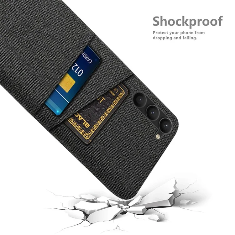 For Samsung Galaxy S23+ Cloth Texture Phone Case Dual Card Slots Hard PC Phone Back Cover - Black