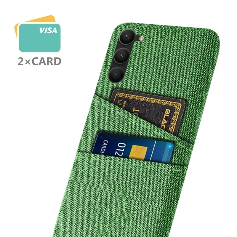 For Samsung Galaxy S23+ Cloth Texture Phone Case Dual Card Slots Hard PC Phone Back Cover - Green