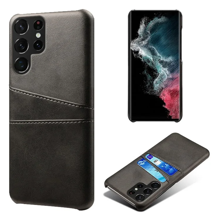 Для Samsung Galaxy S23 Ultra Dual Card Slots Anti-scratch Phone Case PU Leather Coated Hard PC Cover - Black