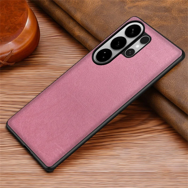For Samsung Galaxy S25 Ultra Case Silk-Textured PU Leather Coated PC TPU Protective Phone Back Cover - Pink