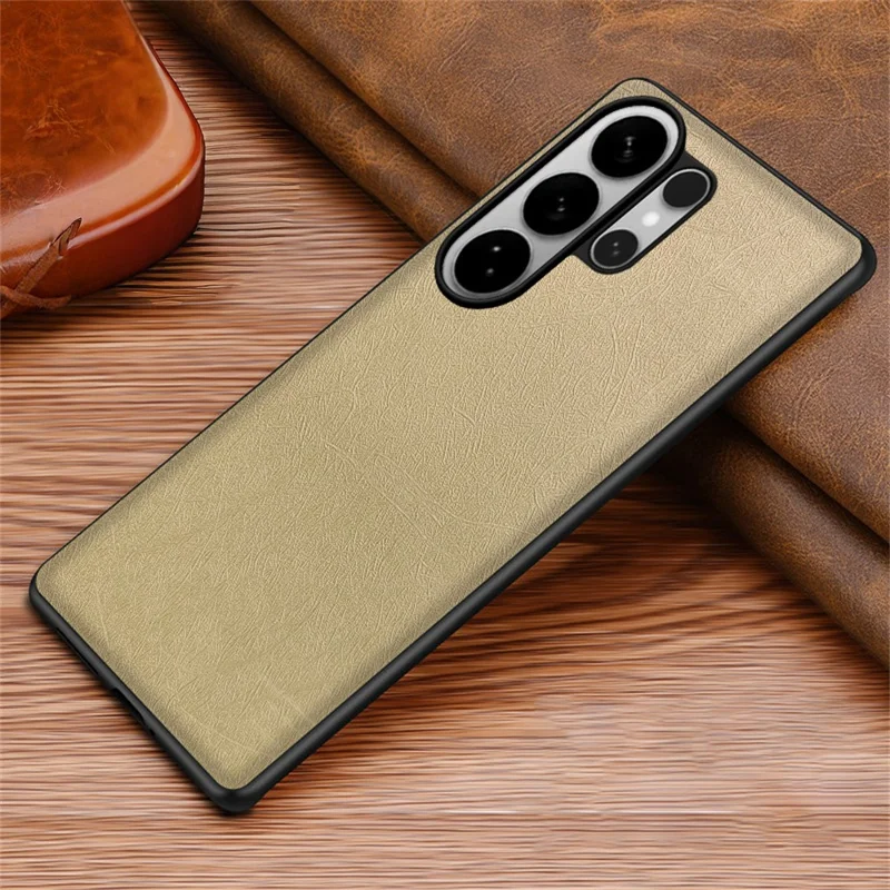 For Samsung Galaxy S24 Ultra Case Silk-Textured PU Leather Coated PC TPU Protective Phone Back Cover - Gold