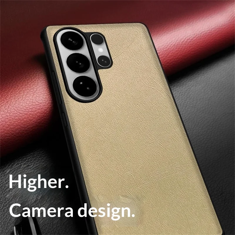 For Samsung Galaxy S24 Ultra Case Silk-Textured PU Leather Coated PC TPU Protective Phone Back Cover - Gold