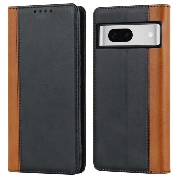 Pour Google Pixel 7 5G Texture de Veau PU Cuir Portefeuille Étui de Support Magnétique Auto-auto-auto-absorbed Splicing Flip Folio Téléphone Cover - le Noir / Jaune