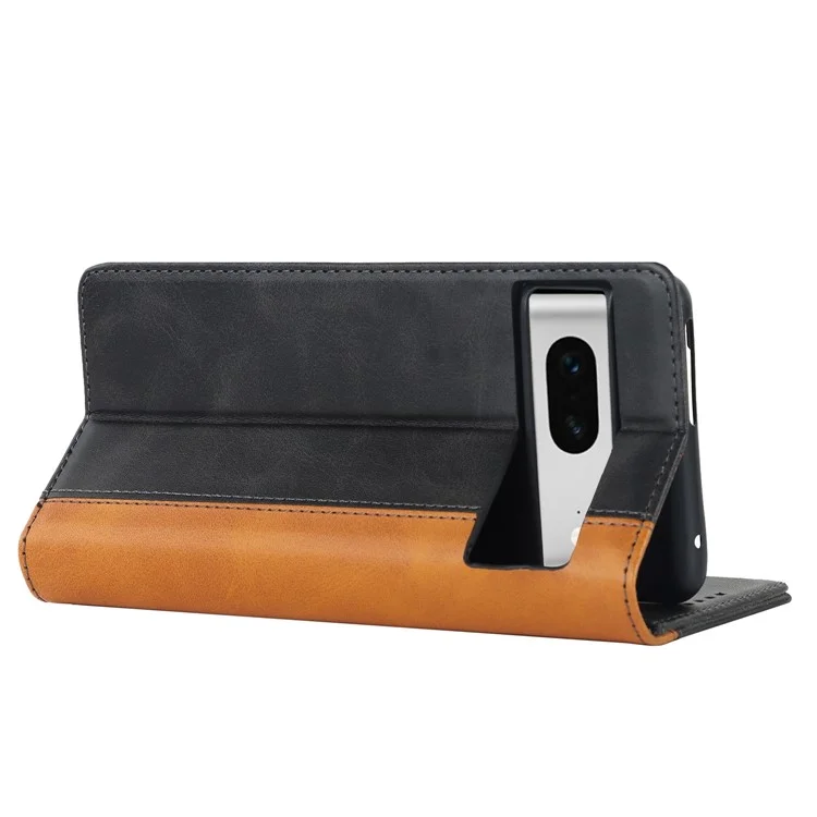 Pour Google Pixel 7 5G Texture de Veau PU Cuir Portefeuille Étui de Support Magnétique Auto-auto-auto-absorbed Splicing Flip Folio Téléphone Cover - le Noir / Jaune