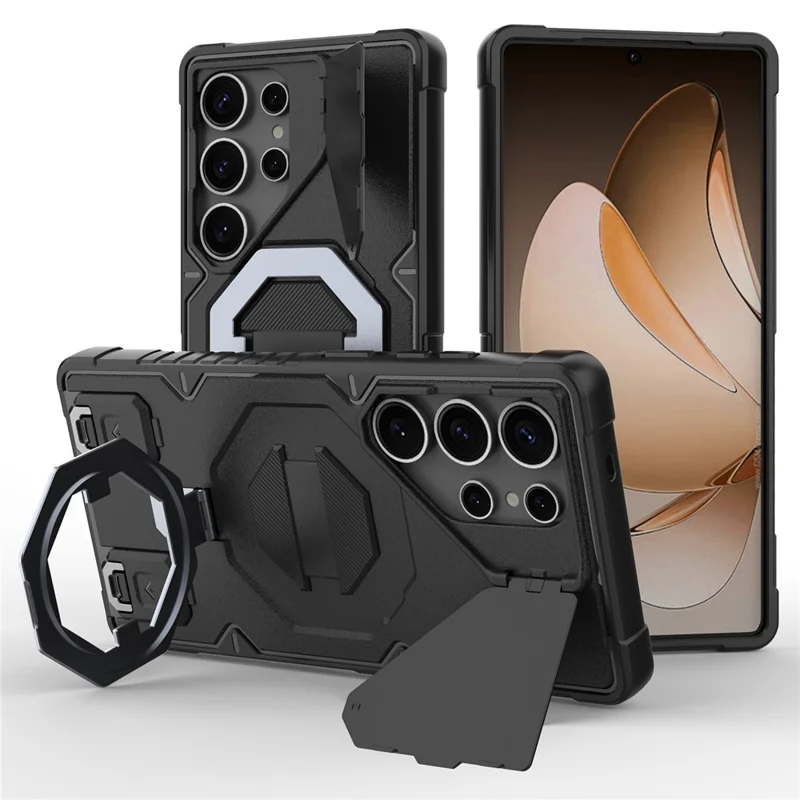 For Samsung Galaxy S25 Ultra Magnetic Case PC + TPU Kickstand Phone Cover with Lanyard - Black