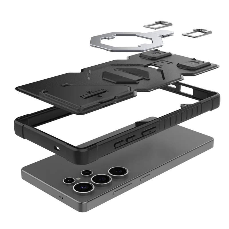 For Samsung Galaxy S25 Ultra Magnetic Case PC + TPU Kickstand Phone Cover with Lanyard - Black