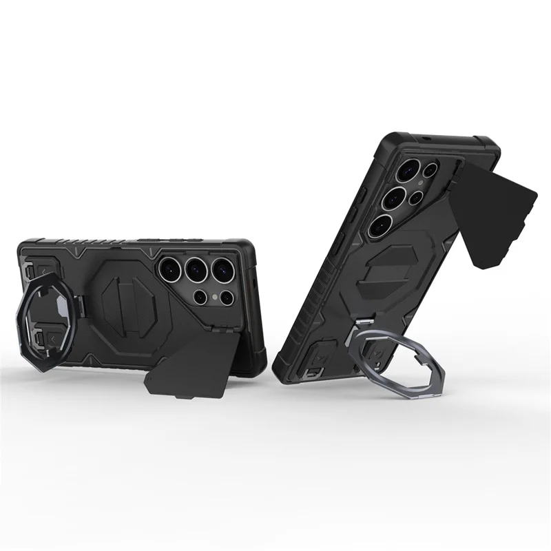 For Samsung Galaxy S25 Ultra Magnetic Case PC + TPU Kickstand Phone Cover with Lanyard - Black