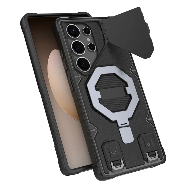 For Samsung Galaxy S25 Ultra Magnetic Case PC + TPU Kickstand Phone Cover with Lanyard - Black