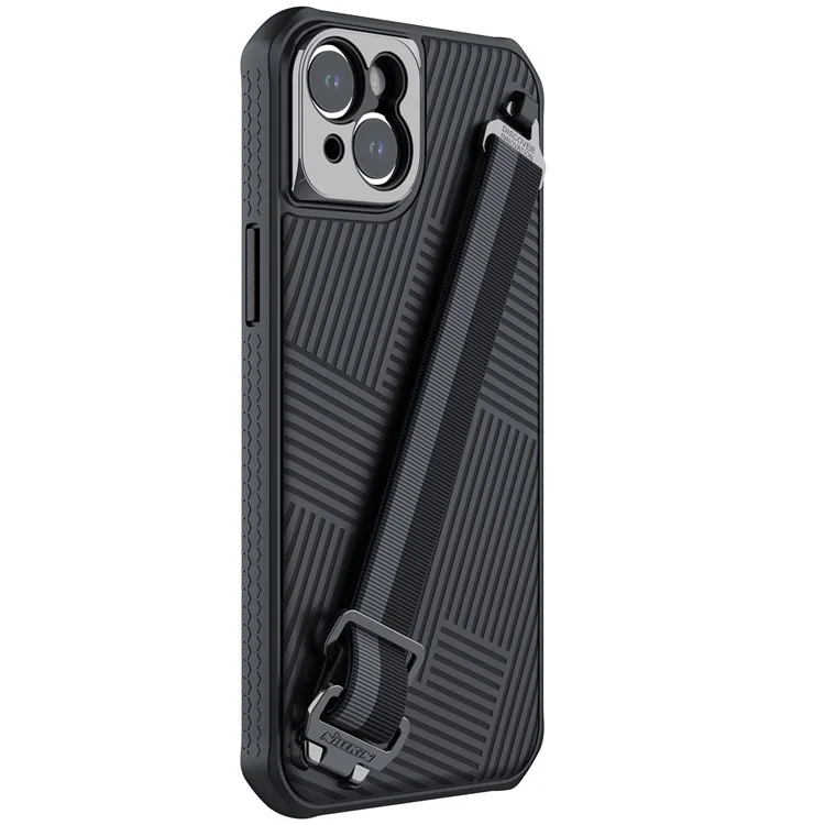 Nillkin TPU + PC Hybrid Case Para Iphone 14 Plus, Stripe Design Teléfono de Protección Anti-scratch Con Correa de Mano Desmontable - Negro