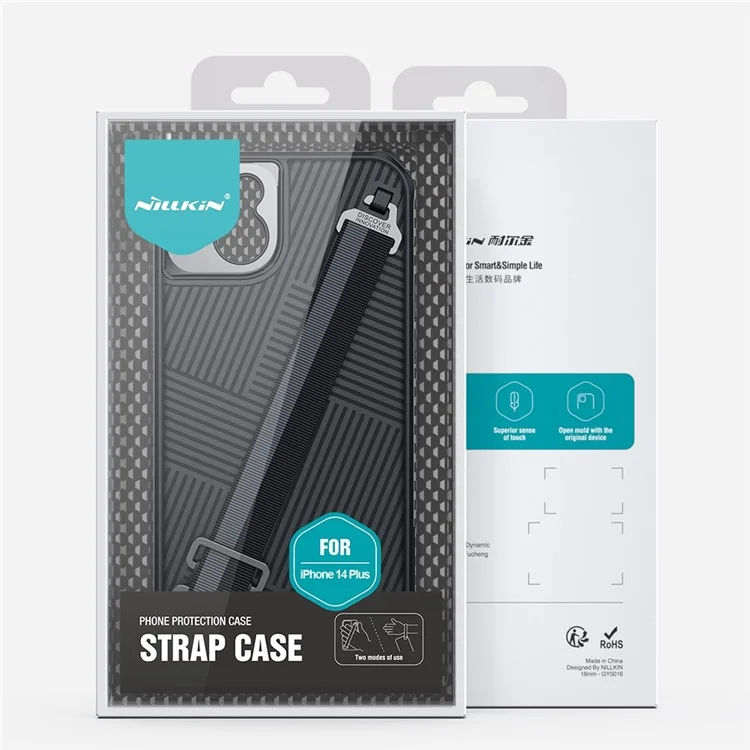 Nillkin TPU + PC Hybrid Case Para Iphone 14 Plus, Stripe Design Teléfono de Protección Anti-scratch Con Correa de Mano Desmontable - Negro