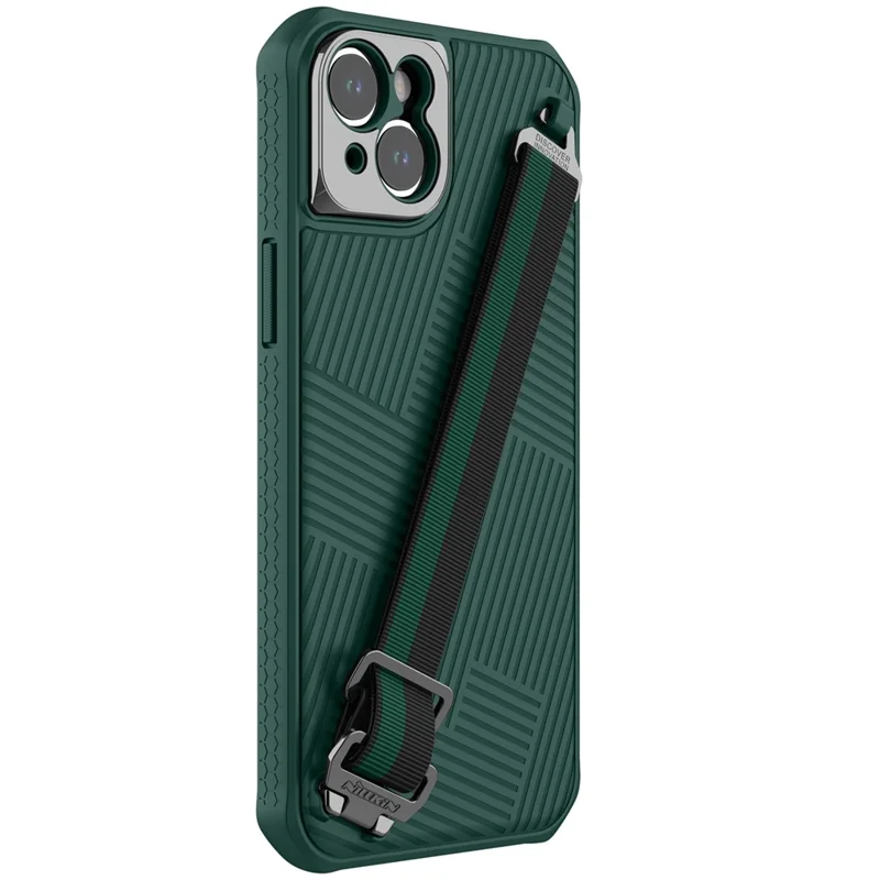 NILLKIN TPU + PC Hybrid Case for iPhone 14 Plus, Stripe Design Anti-scratch Protective Phone Cover with Detachable Hand Strap - Green