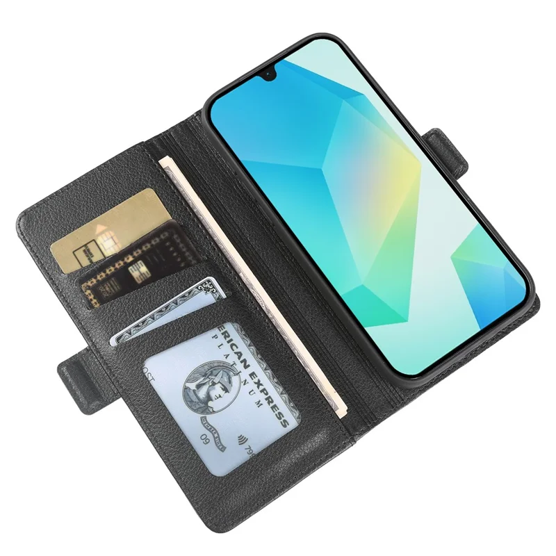 For Samsung Galaxy A16 5G  /  A16 4G Wallet Case with Dual Magnetic Clasp Litchi Textured Leather Flip Stand Phone Cover - Black