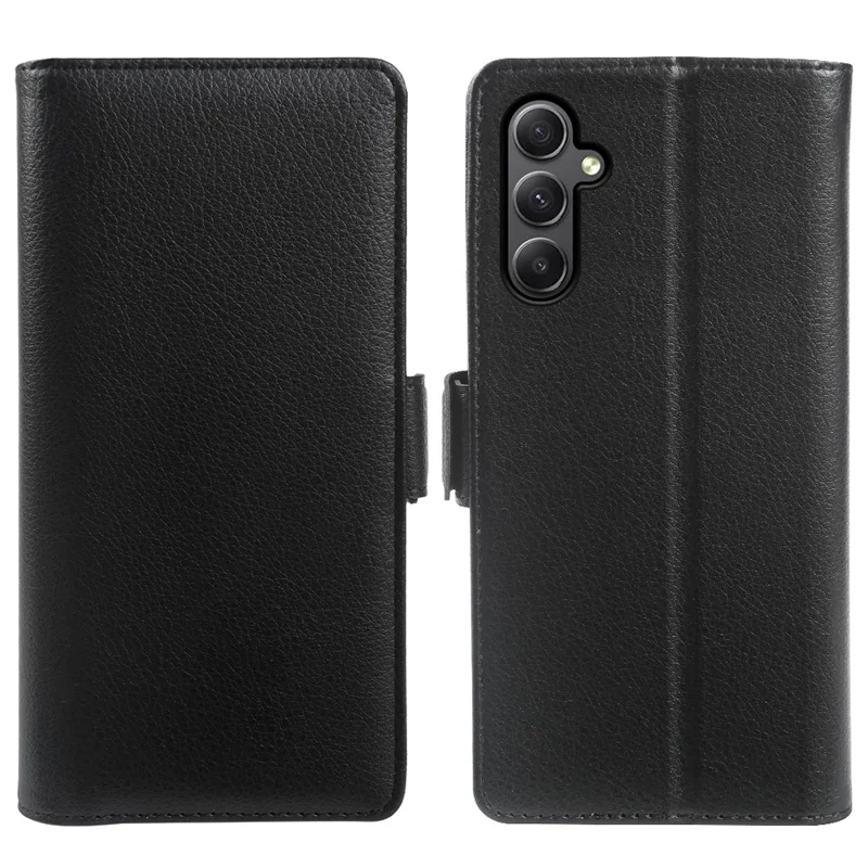 For Samsung Galaxy A34 5G Wallet Case with Dual Magnetic Clasp Litchi Textured Leather Flip Stand Phone Cover - Black