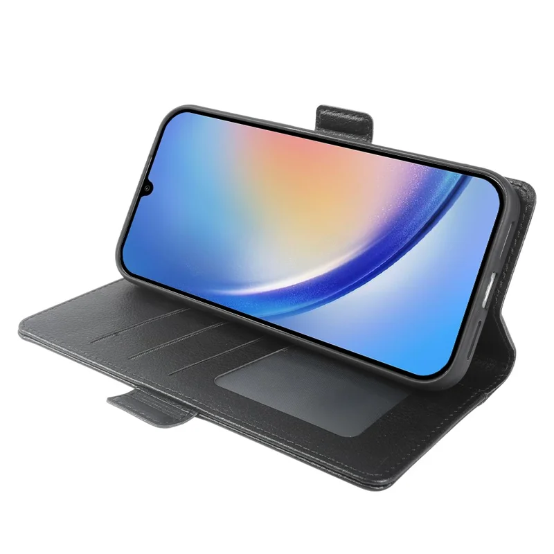 For Samsung Galaxy A34 5G Wallet Case with Dual Magnetic Clasp Litchi Textured Leather Flip Stand Phone Cover - Black