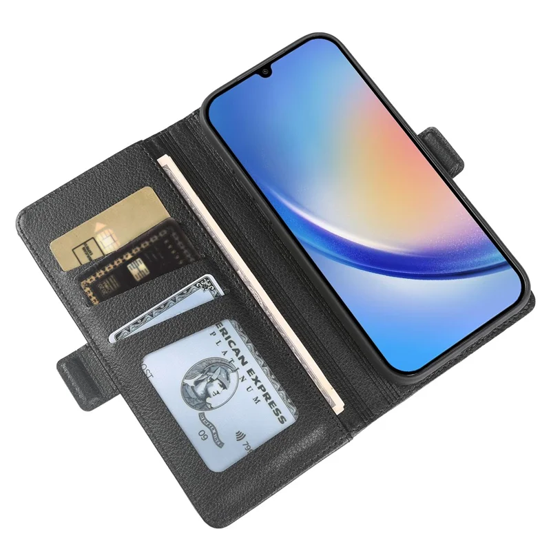 For Samsung Galaxy A34 5G Wallet Case with Dual Magnetic Clasp Litchi Textured Leather Flip Stand Phone Cover - Black