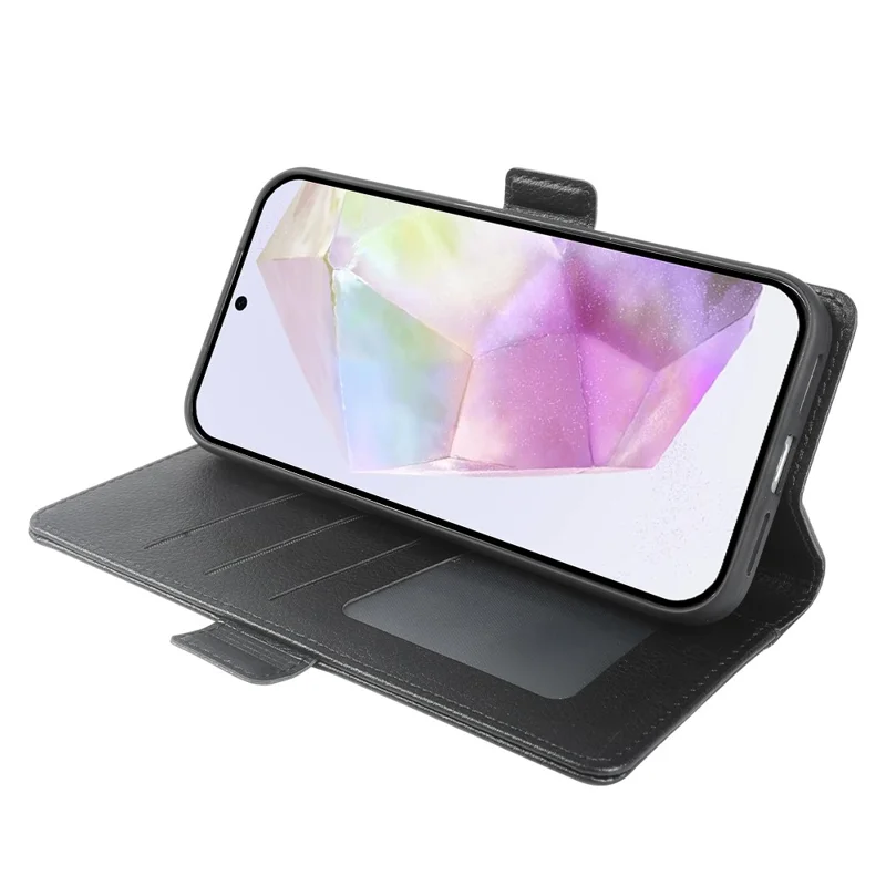 For Samsung Galaxy A35 5G Wallet Case with Dual Magnetic Clasp Litchi Textured Leather Flip Stand Phone Cover - Black